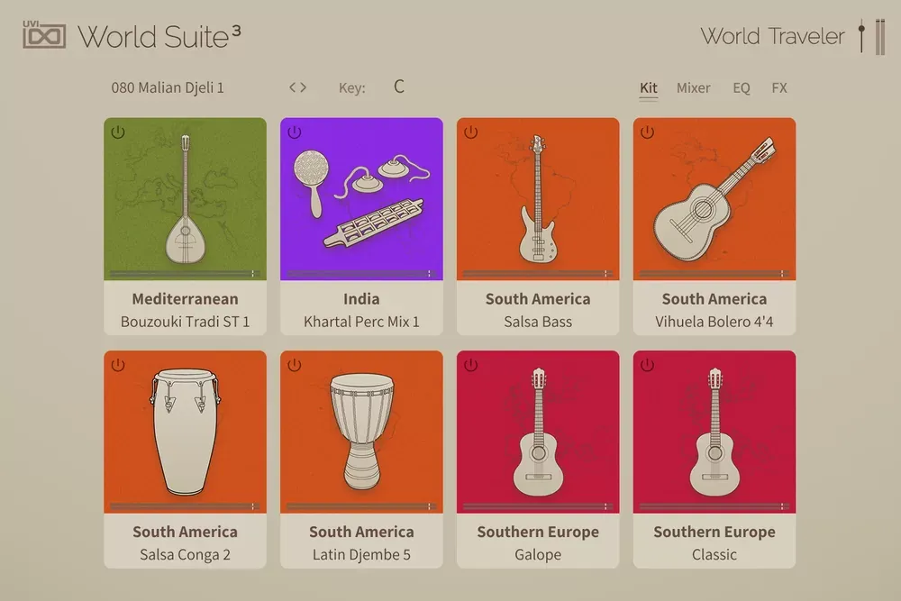 Interfaz World Traveler de UVI World Suite 3 con instrumentos organizados por región del mundo