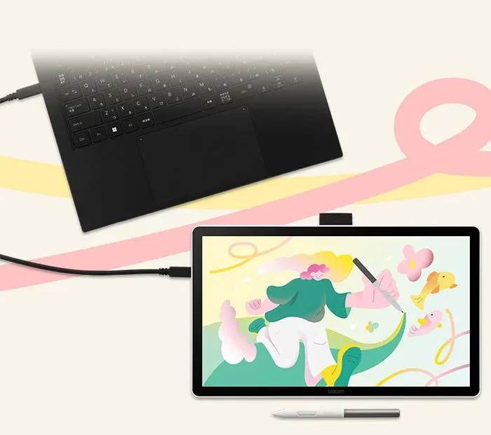 Wacom One 14 conectada a un notebook con un solo cable USB-C