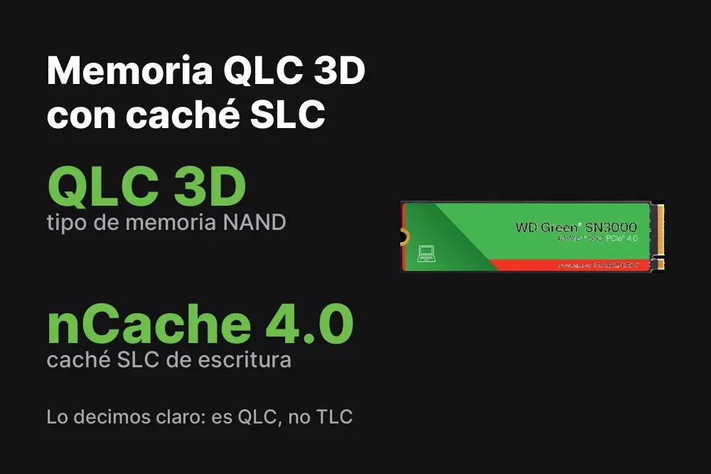 Memoria QLC 3D con caché SLC nCache 4.0 del WD Green SN3000