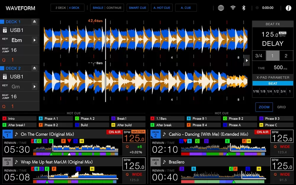 Pantalla táctil del XDJ-AZ-N con formas de onda, Beat FX y Smart Cue
