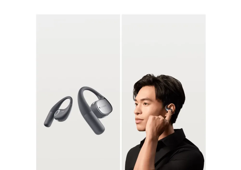 Hombre usando el audífono open ear Xiaomi OpenWear Stereo gris cósmico