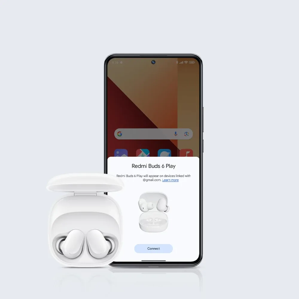 Aviso de Google Fast Pair en un teléfono junto al estuche de los Redmi Buds 6 Play