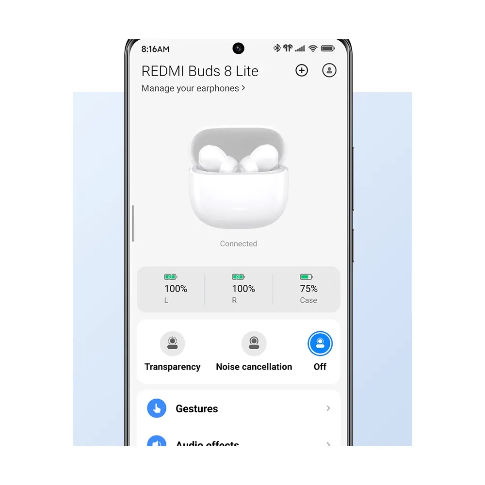 Pantalla de la app Xiaomi Earbuds con los modos de control de ruido